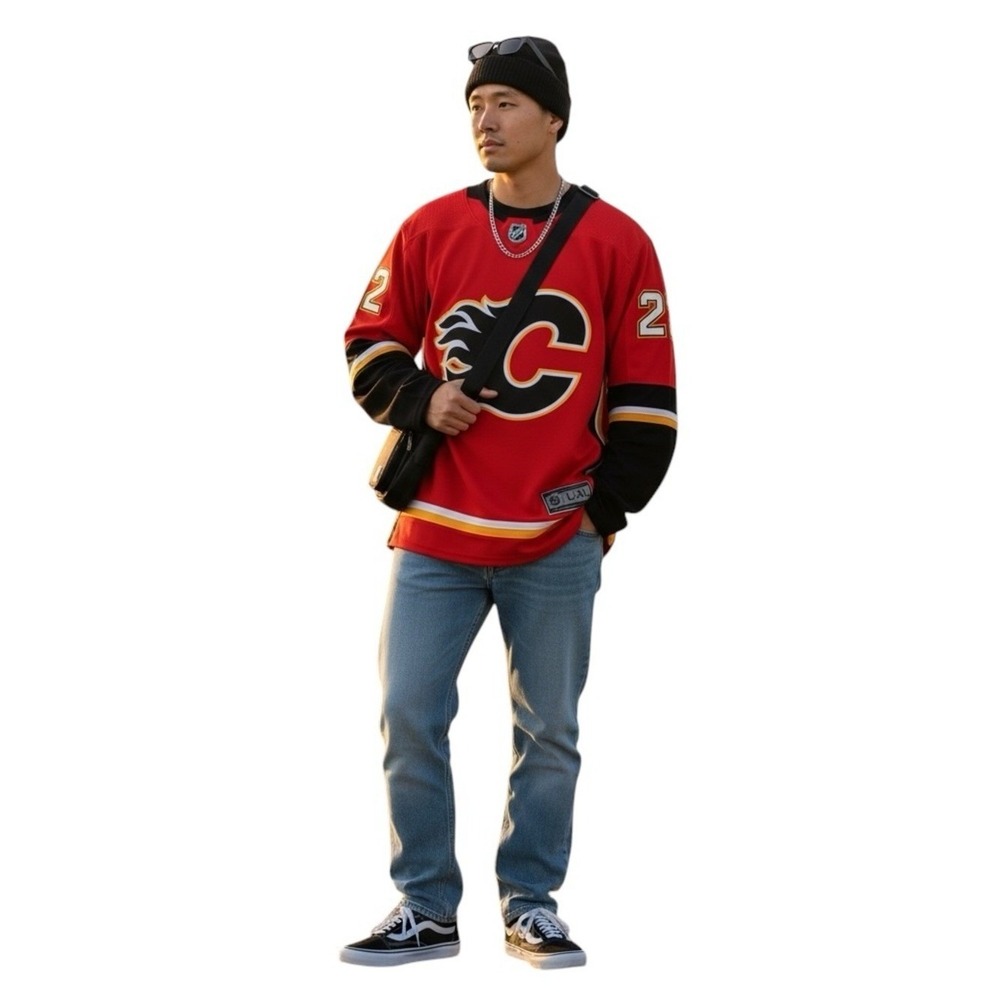 NHL Calgary Flames Lindholm #28 Hockey Jersey Red Black Gold L XL Fan Gear Shirt